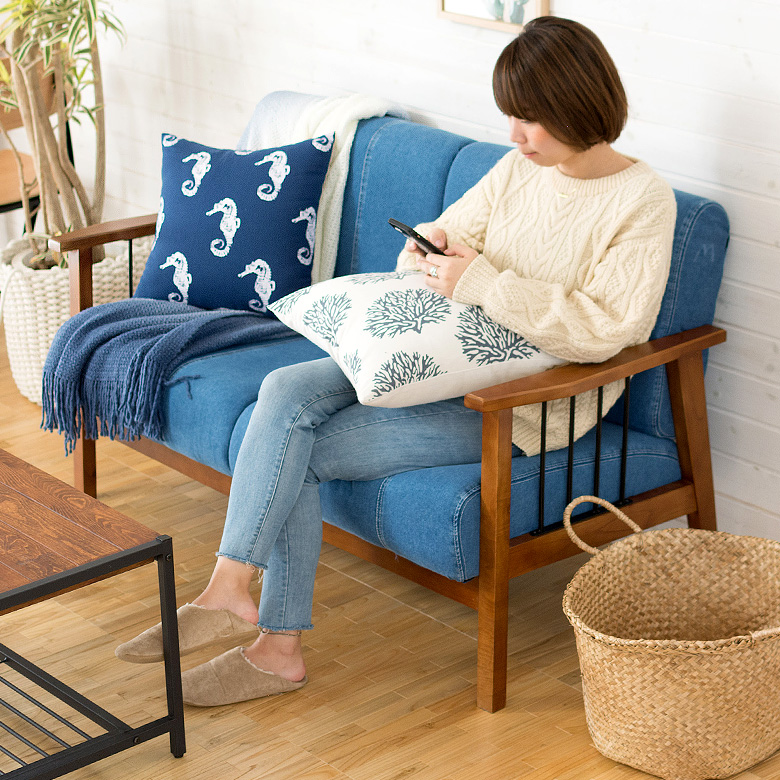 2人掛けソファ デニム生地 木製 アイアン 肘掛け 幅138cm ブルー 91188