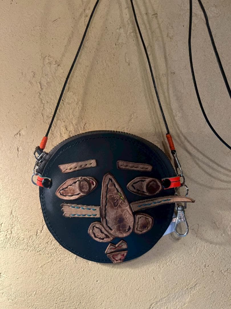 G-2.本革 福笑デザイン 丸型ショルダーポーチ｜取り外しストラップ付き 3WAY ベルトポーチ ウエストポーチ シザーバッグ ショルダーポーチ