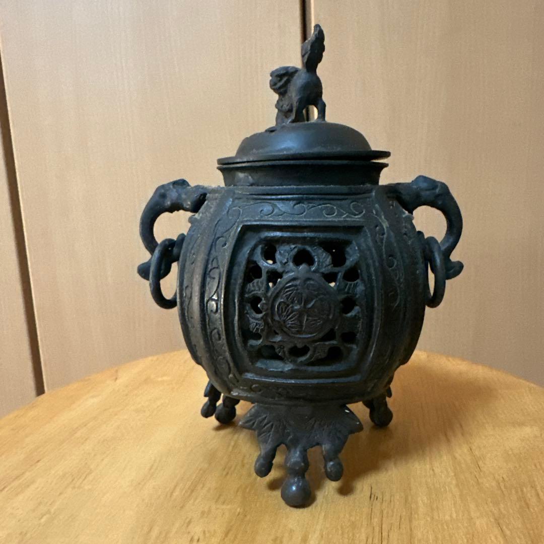 2566 銅製　大明宣徳銘　獅子香炉 香炉 大明宣徳年製 古銅 巾着型 唐子脚 獅子蓋 - メルカリ